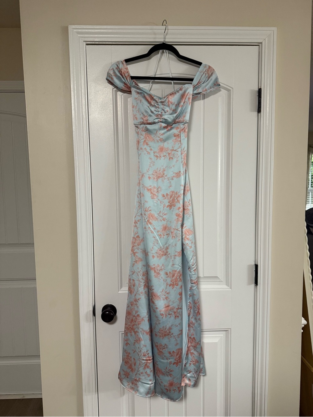 Light Blue Dress with Pink Floral Print - Bridgerton Style Cut